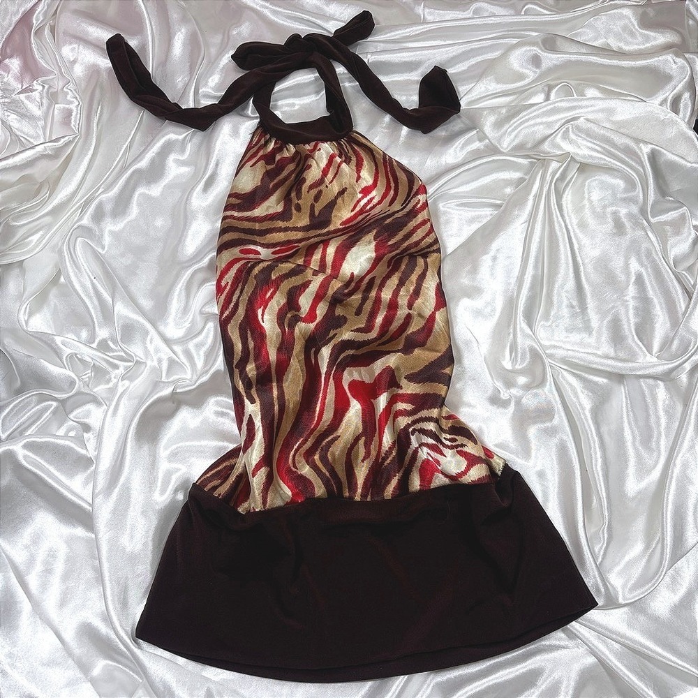 y2k Halter Top Brown Excellent Zebra Animal Print Satin Feel All About Me